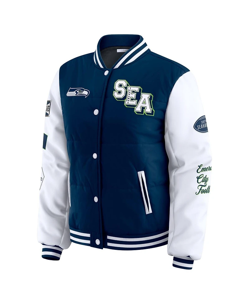 Wear by Erin Andrews Women's College Navy Seattle Seahawks Varsity Full-Snap Puffer Jacket