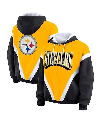 Wear by Erin Andrews Women's Gold/Black Pittsburgh Steelers Retro Crinkle Full-Zip Hoodie Windbreaker