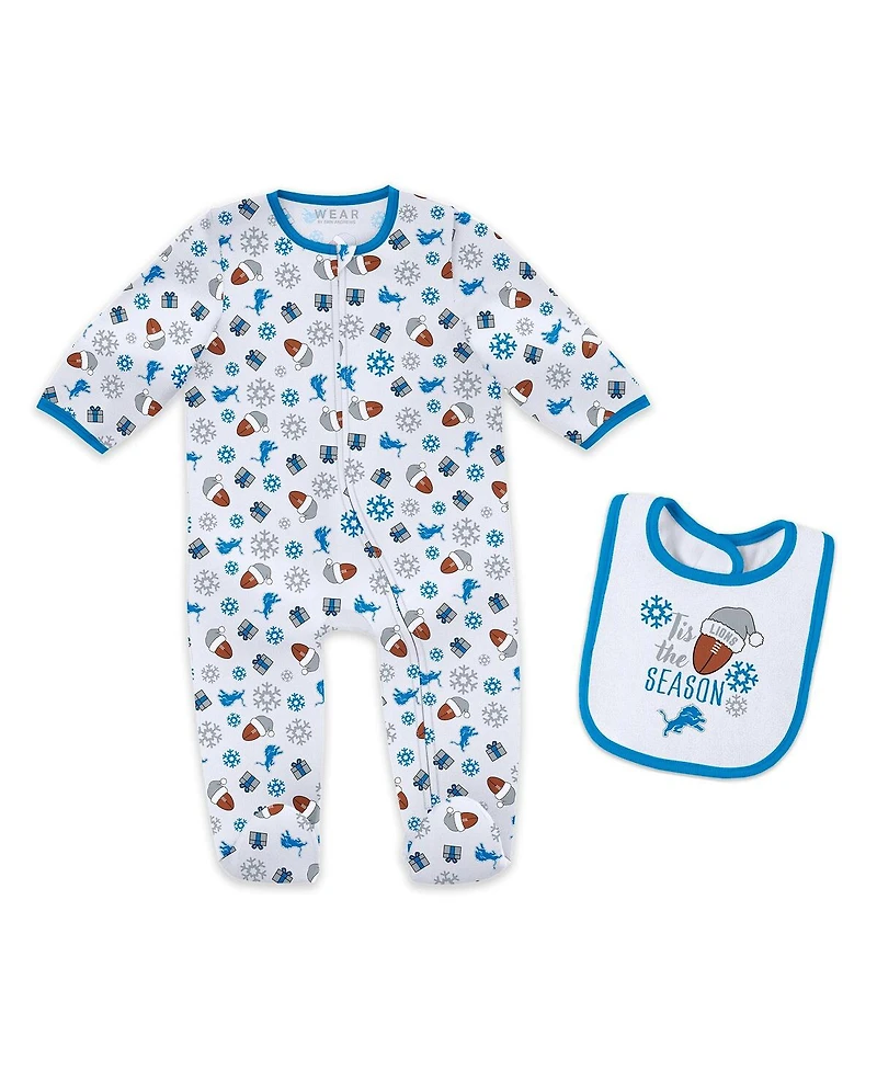 Wear by Erin Andrews Baby Boys and Girls Newborn 2-Piece Detroit Lions Holiday Full-Zip Sleeper Bib Set