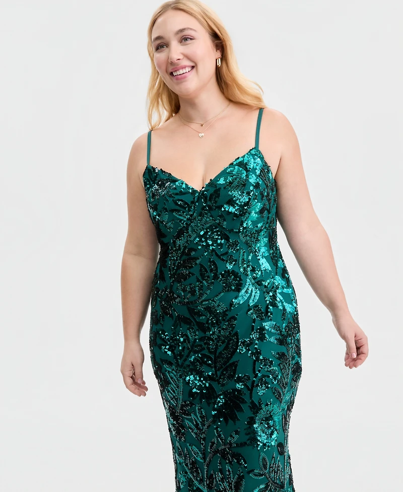 B Darlin Trendy Plus Floral Sequin Sleeveless Gown