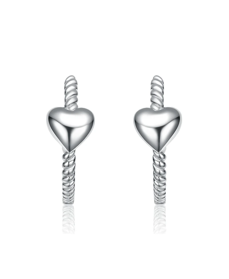 Genevive Sterling Silver White Gold Plated Heart Design Hoop Earrings