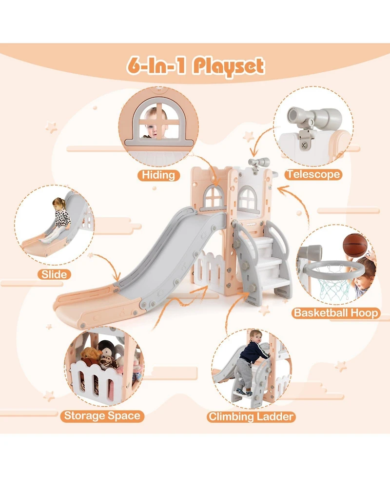 Mecale 6-in-1 Toddler Slide L-shaped Playground with Basketball Hoop and Ladder
