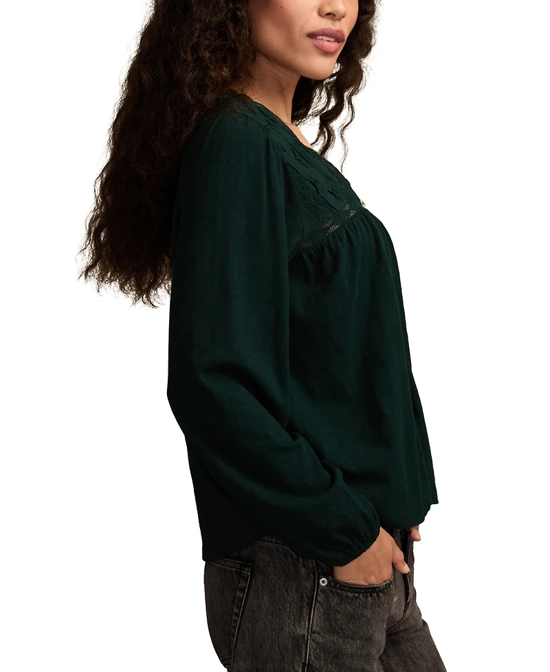 Lucky Brand Women's Lace Yoke Peasant V-Neck Top