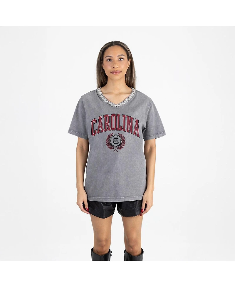 Gameday Couture Women's Gray South Carolina Gamecocks Iconic Edge Rhinestone V-Neck T-Shirt