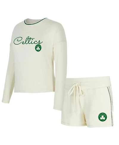 Concepts Sport Women's 2-Piece Cream Boston Celtics Kaki Hacci Knit Long Sleeve Top and Shorts Set