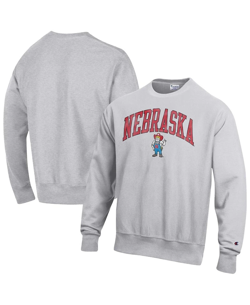 Champion Men's Gray Nebraska Huskers Distressed Arch Over Logo Reverse Weave Crew Neck Sweatshirt