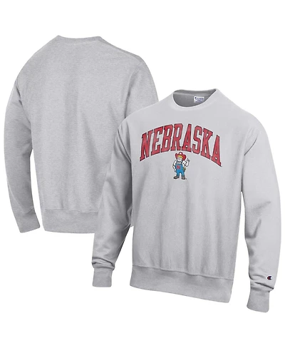 Champion Men's Gray Nebraska Huskers Distressed Arch Over Logo Reverse Weave Crew Neck Sweatshirt