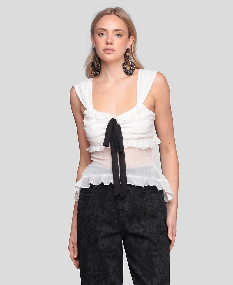 Avec Les Filles Women's Bow Detail Ruffle Top