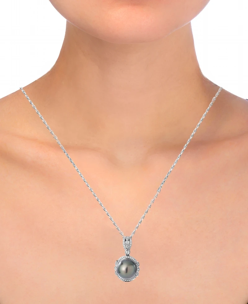 Macy's Tahitian Cultivated Pearl (11mm) and Diamond (1/4 ct. t.w.) Pendant Necklace in 14K White Gold