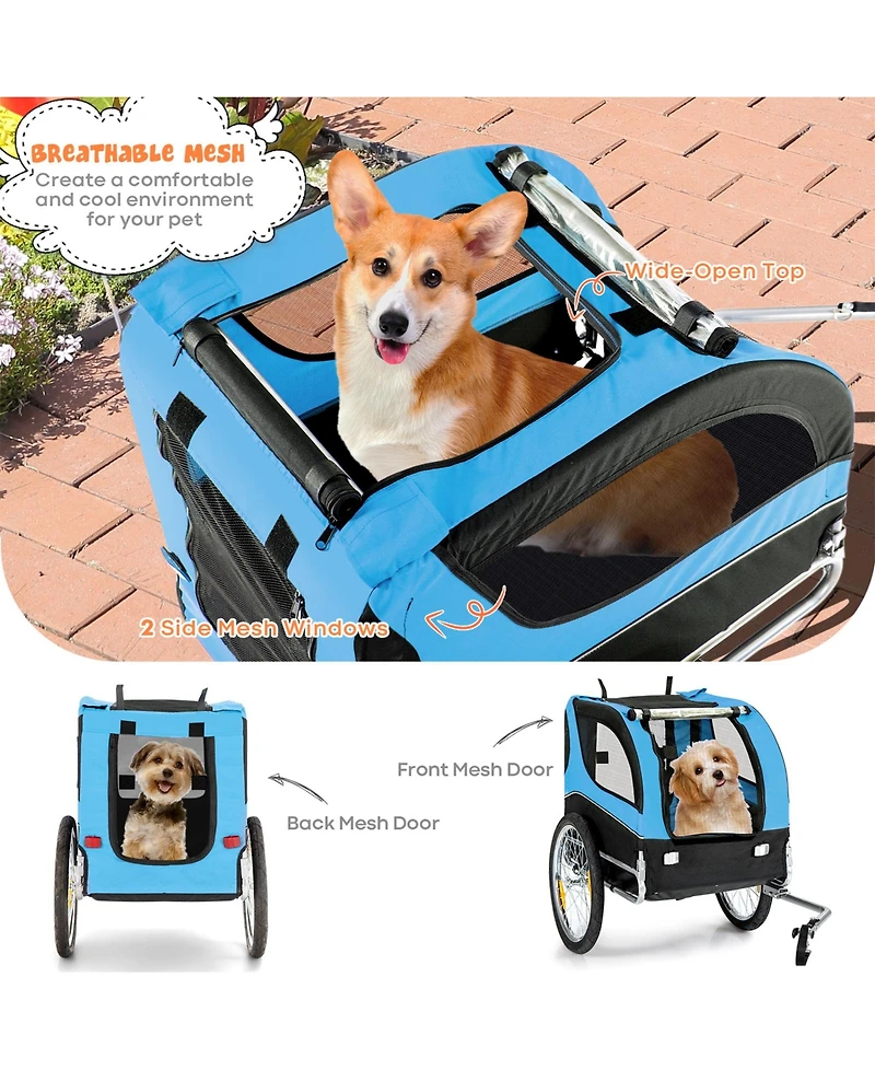 Sugift Dog Bike Trailer Foldable Pet Cart with 3 Entrances for Travel-Blue