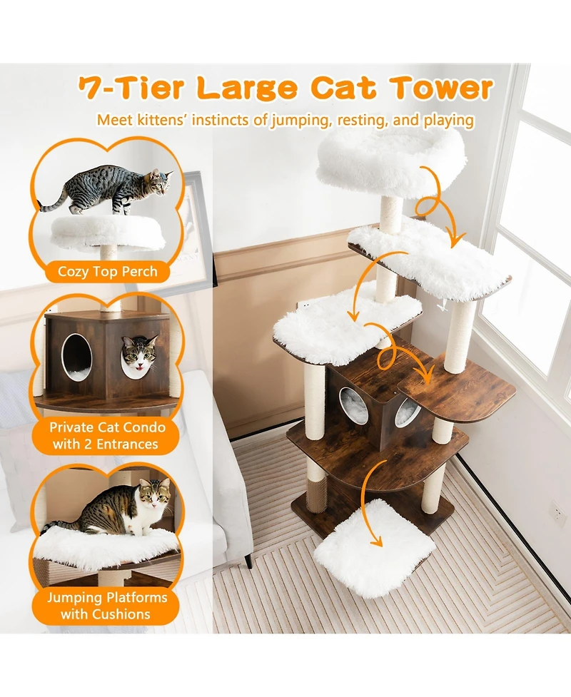 Skonyon 7-Layer Wooden Cat Tree Tall Cat Tower with Sisal Posts and Condo