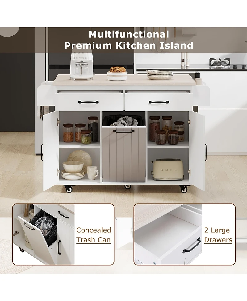 Casainc Kitchen Island Cart with Trash Can Storage, Drop Leaf, Spice Rack, Towel Rack and Drawer, Rolling Adjustable Shelf for