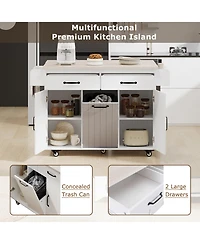 Casainc Kitchen Island Cart with Trash Can Storage, Drop Leaf, Spice Rack, Towel Rack and Drawer, Rolling Adjustable Shelf for
