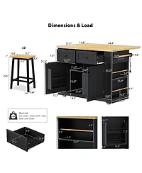 Casainc 48inch Kitchen Island with 2 Bar Stools, Power Outlet, Drop Leaf, Rolling Cart Door Rack, Side Racks