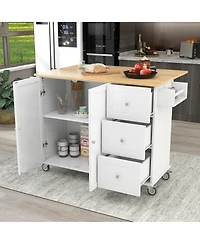 sumyeg Rolling Kitchen Island with Solid Wood Top, Drop Leaf Bar, Locking Wheels, Storage Cabinet, Spice Rack, Towel Rack and Drawer, 52.7inch