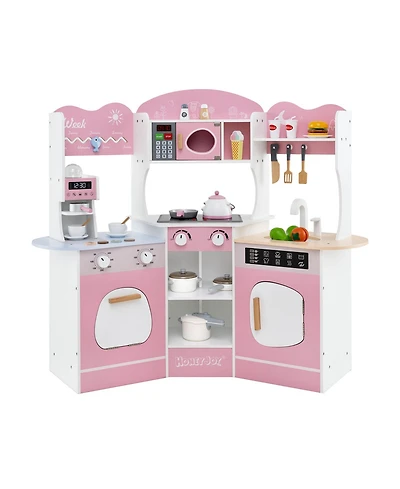 Skonyon Corner Wooden Play Kitchen with Coffee Machine and Slide for Kids-Pink