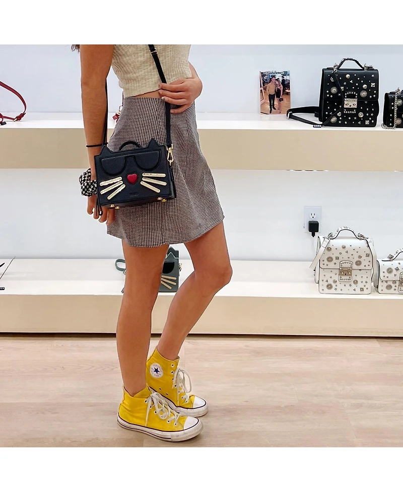 Pebble Leather Cat Crossbody Bag Cute Top Handle Purse Small Shoulder Handbag for Women & Girls with Gold Hardware and Detachable Strap