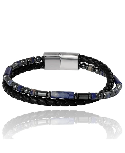 Lucky Brand Men s Braided Leather & Sodalite Bead 8.5'' Bracelet, Black/Blue, Magnetic Clasp