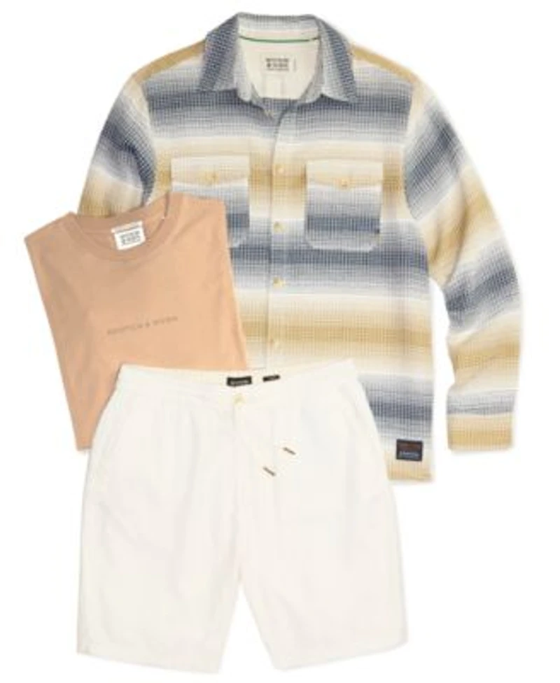 Scotch Soda Seasonal Crewneck T Shirt Structure Stripe Waffle Long Sleeve Shirt Paired With Linen Shorts
