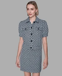 Karl Lagerfeld Paris Womens Five Button Weave Print Cropped Jacket Mini Skirt