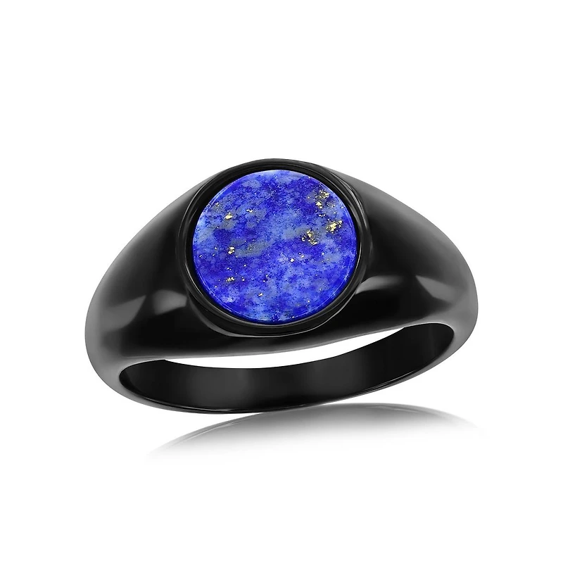 Metallo Stainless Steel, Ip Black Plated Inlay Round Ring - Lapis
