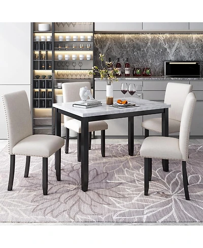 Maison Boucle 5-Piece Dining Set for 4 with Faux Marble Tabletop and Upholstered Chairs, Elegant Table Set for Kitchen or Dining Room-Maison Boucle