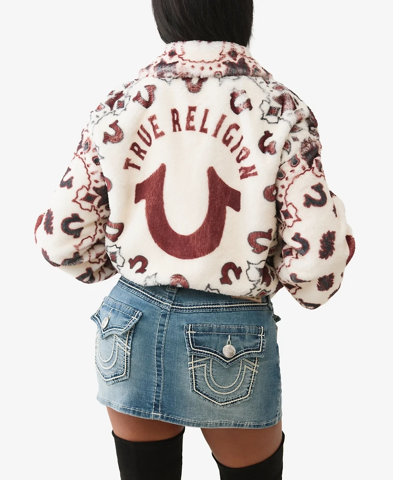 True Religion Women's Printed Faux Fur Bandana Jacket