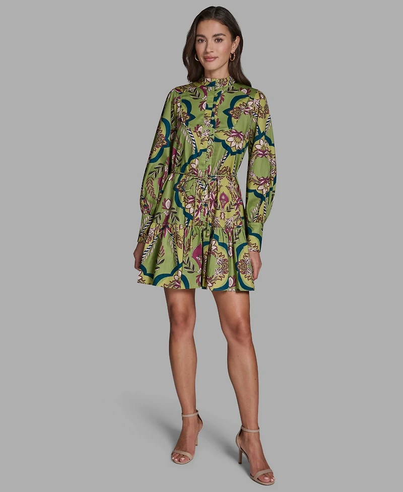 Bcbg Women's Floral Button-Down Mini Dress with Tiered Skirt And Waist Tie