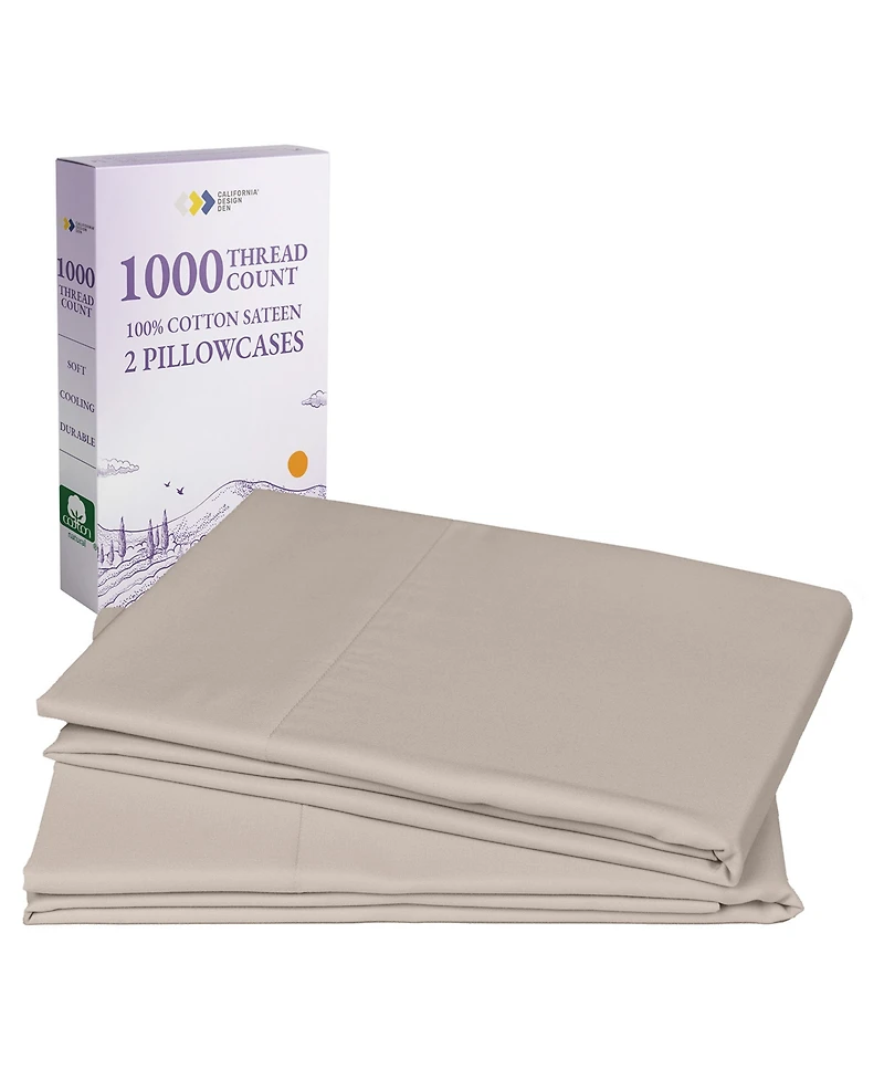 Luxury 1000 Thread Count Standard / Queen Pillow Cases Set of 2 Cotton - 100% Sateen, Smooth, Crisp and Cooling