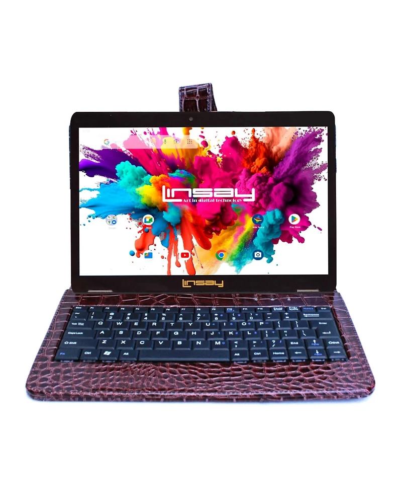 Linsay New 10.1" Tablet Octa Core 128GB Android 14 and Exclusive Luxury Brown Crocodile Keyboard case