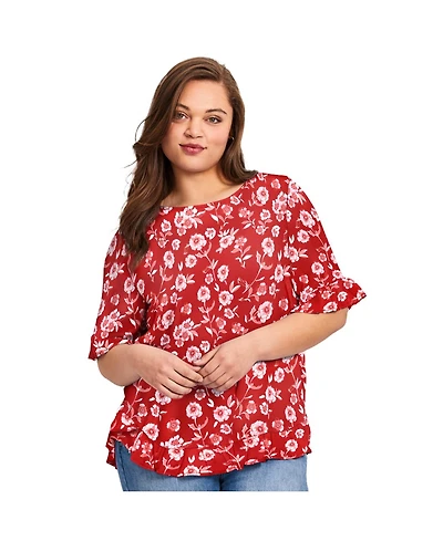 Avenue Women's Plus Crew Ruffle Hem Top