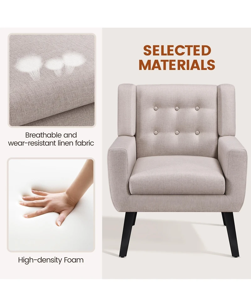Yaheetech Linen Fabric Upholstered Button Tufted Armchair with Solid Wood Legs with Thick Removable Seat Cushion, Beige