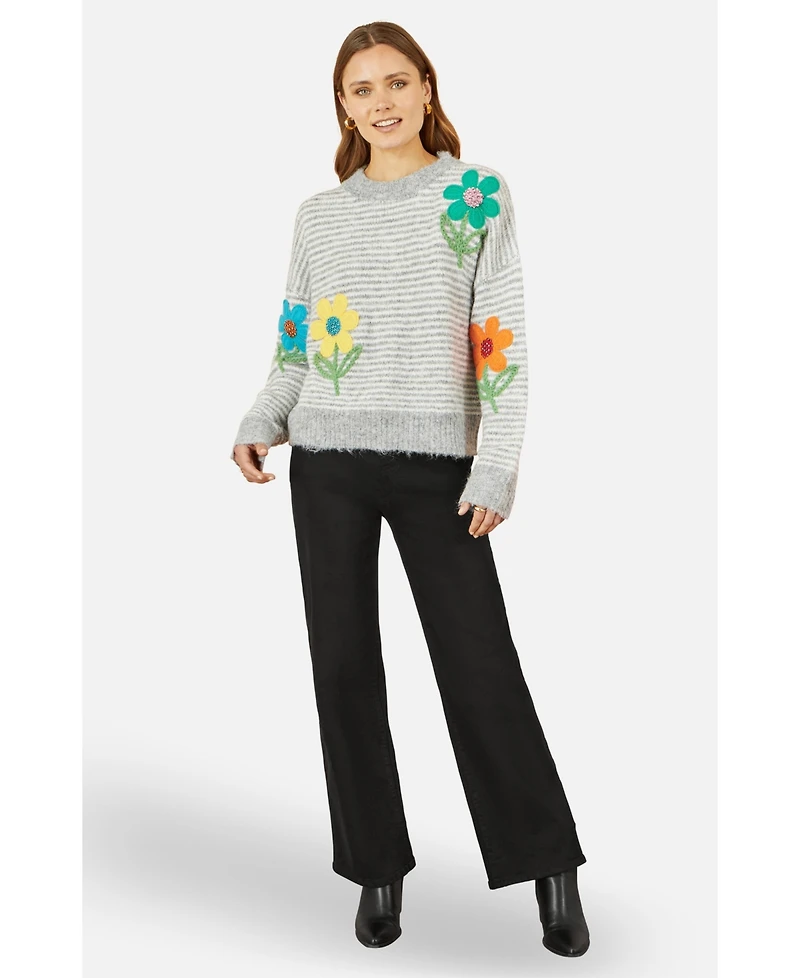 Yumi Women's Striped Relaxed Fit Jumper With Flowers