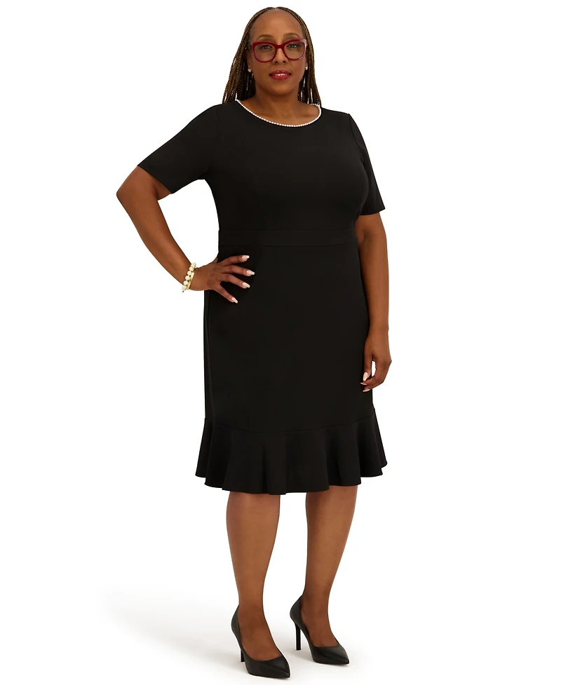 Kasper Women's Round Neck Knee Length Ruffle Skirt Dress, Regular and Plus