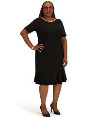 Kasper Women's Round Neck Knee Length Ruffle Skirt Dress, Regular and Plus