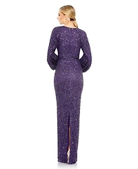Women's Sequined Puff Sleeve V Neck Gown