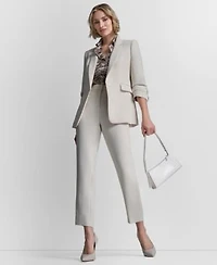 Dkny Womens Notch Collar Ruched Sleeve Jacket Charm Detailed Ankle Length Pants Collared Button Up Blouse