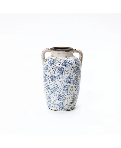 LuxenHome Vintage Blue Floral Vase with Handles, Decorative Ceramic Jar for Farmhouse Decor