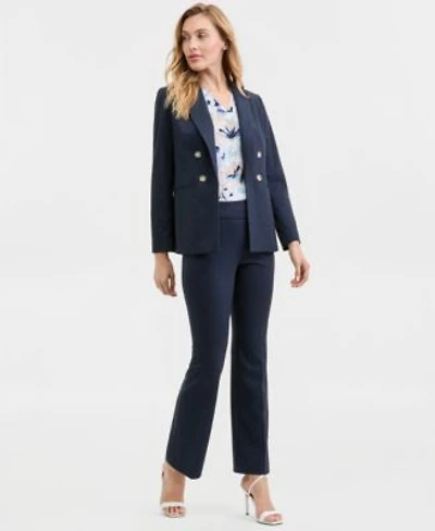 Anne Klein Womens Faux Double Breasted Notch Collar Jacket Printed V Neck Split Cuff Blouse High Rise Pull On Compression Pants