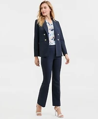 Anne Klein Womens Faux Double Breasted Notch Collar Jacket Printed V Neck Split Cuff Blouse High Rise Pull On Compression Pants