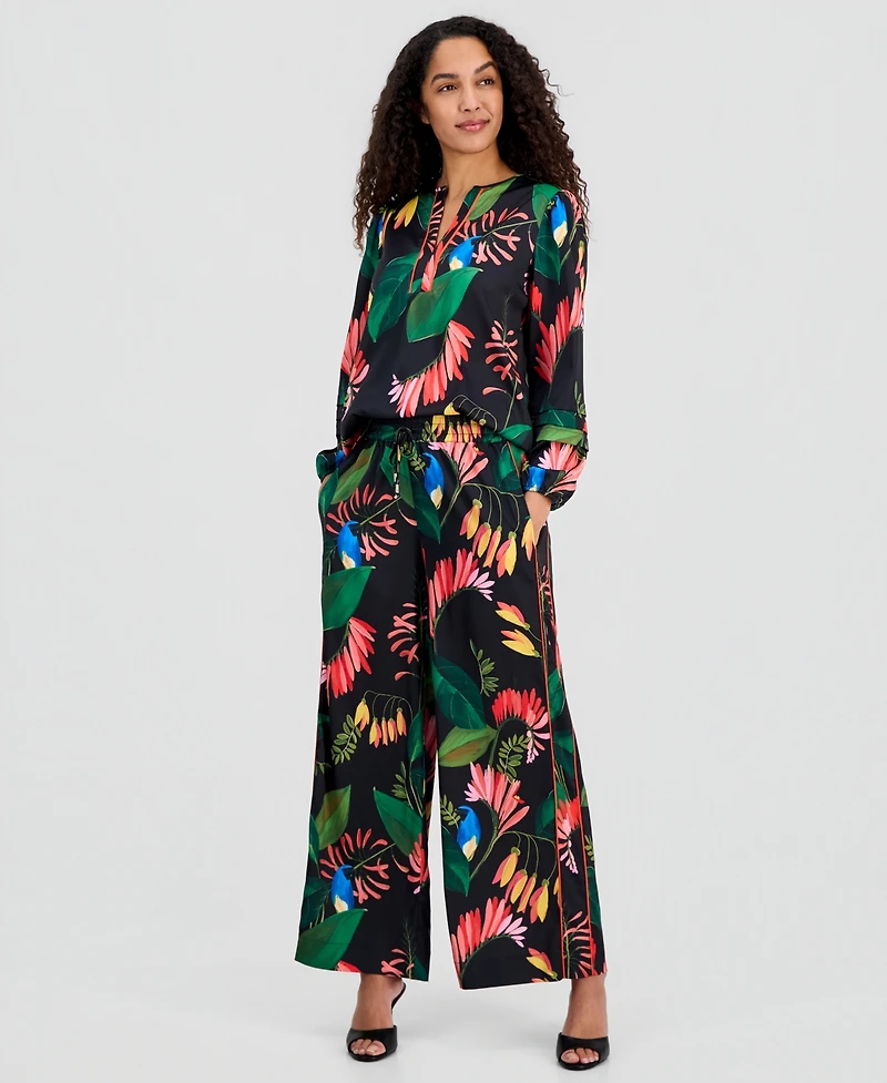 T Tahari Women's Floral-Print Split-Neck Piping Blouse