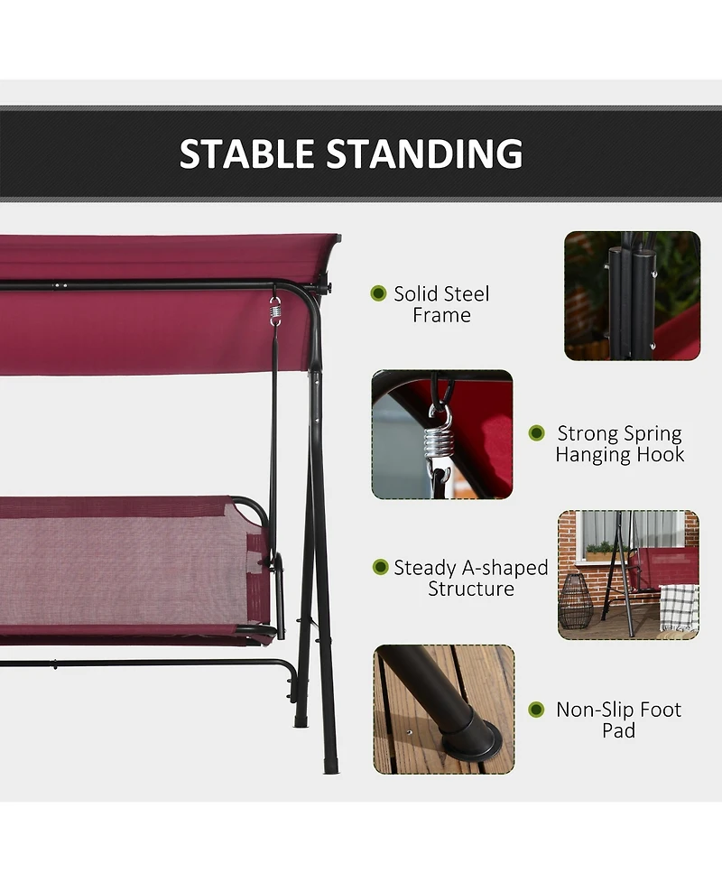 Outsunny 3-Person Porch Swing with Adjustable Tilt Canopy, Wine