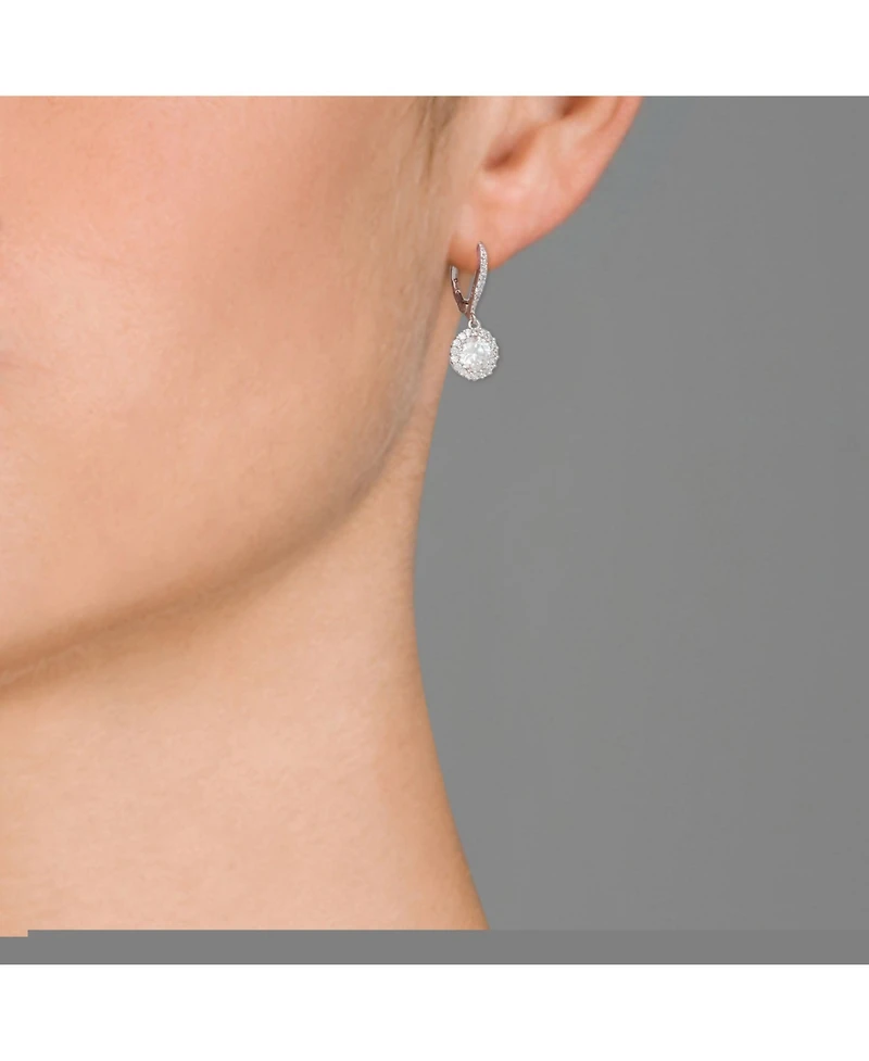 Sterling Silver with White Gold Plated Clear Round Cubic Zirconia Haloed Solitaire Drop Earrings