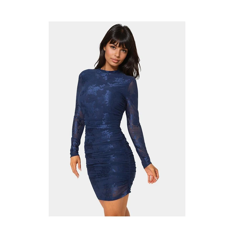 Bebe Womens Jacquard Mesh Long Sleeve Shirred Dress