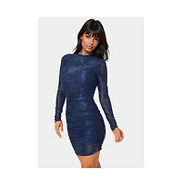 Bebe Womens Jacquard Mesh Long Sleeve Shirred Dress