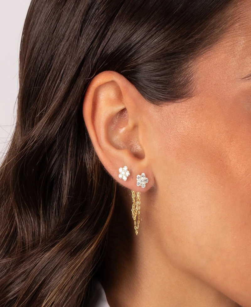 by Adina Eden Cubic Zirconia Gold Plated Double Flower Chain Stud Earrings