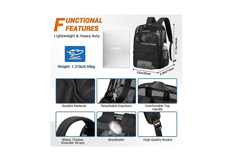 Batfox Mesh Backpack Heavy Duty, See Through School Backpack Transparent Bookbag for Swimming, Beach, Sports, Work