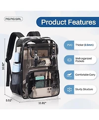 Batfox Clear Backpack Heavy Duty, Pvc Clear Bookbag Transparent Backpack See Through Bag for Stadium College for Adult Men Women, Semi-Black