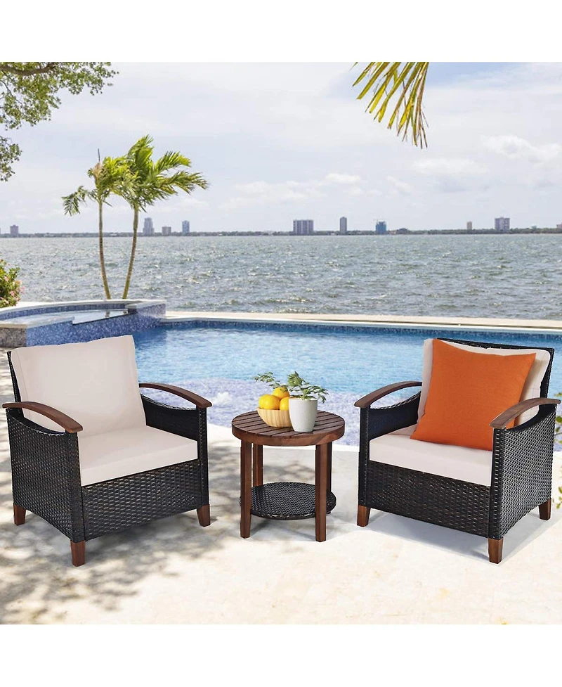 Sugift 3 Pieces Patio Wicker Furniture Set with Washable Cushion and Acacia Wood Tabletop