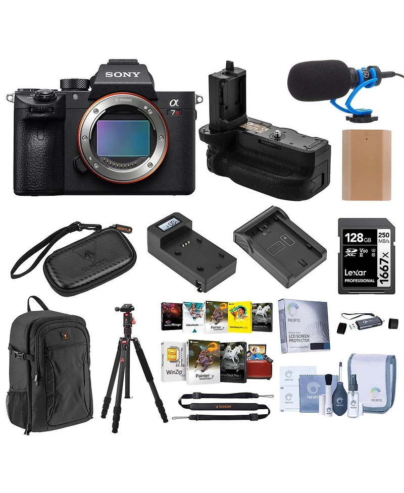 Sony Alpha a7R Iv Mirrorless Camera (V2) Bundle with Backpack, Memory Card, Battery, Charger, Battery Grip, Microphone, Tripod, Card Reader, Screen Pr